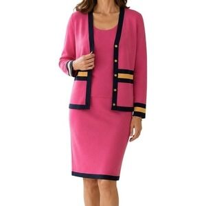 St John Collection Knit Skirt Set Pink Navy 3 Piece Women's SZ 4 2 P Wool Blend